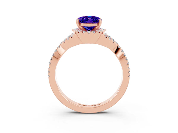 Rose gold Oval Cut Tanzanite  Halo Twist Band Solitaire Prong Setting Ring