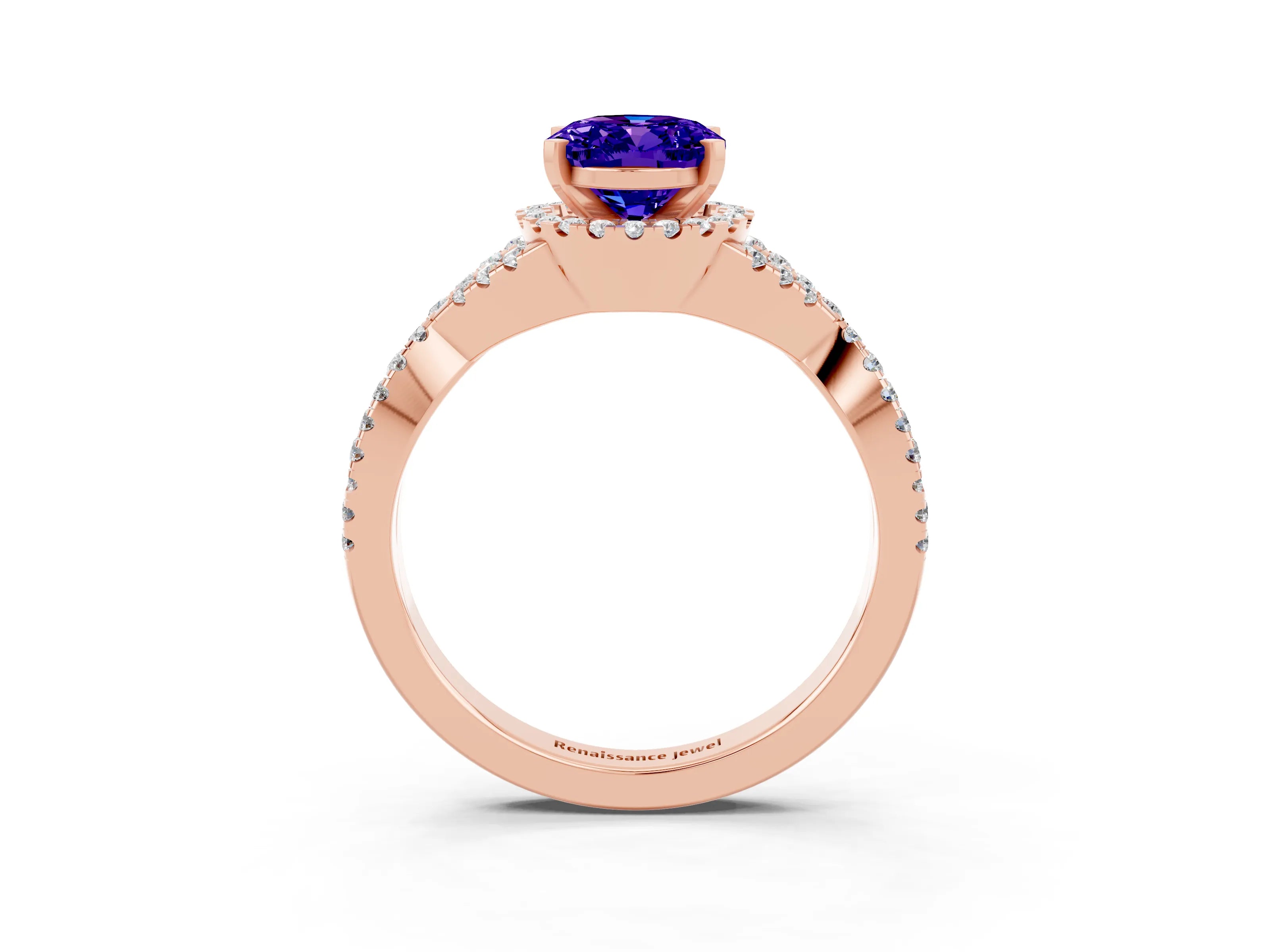 Rose gold Oval Cut Tanzanite Halo Twist Band Solitaire Prong Setting Ring_3