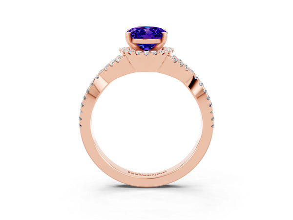 Rose gold Oval Cut Tanzanite  Halo Twist Band Solitaire Prong Setting Ring