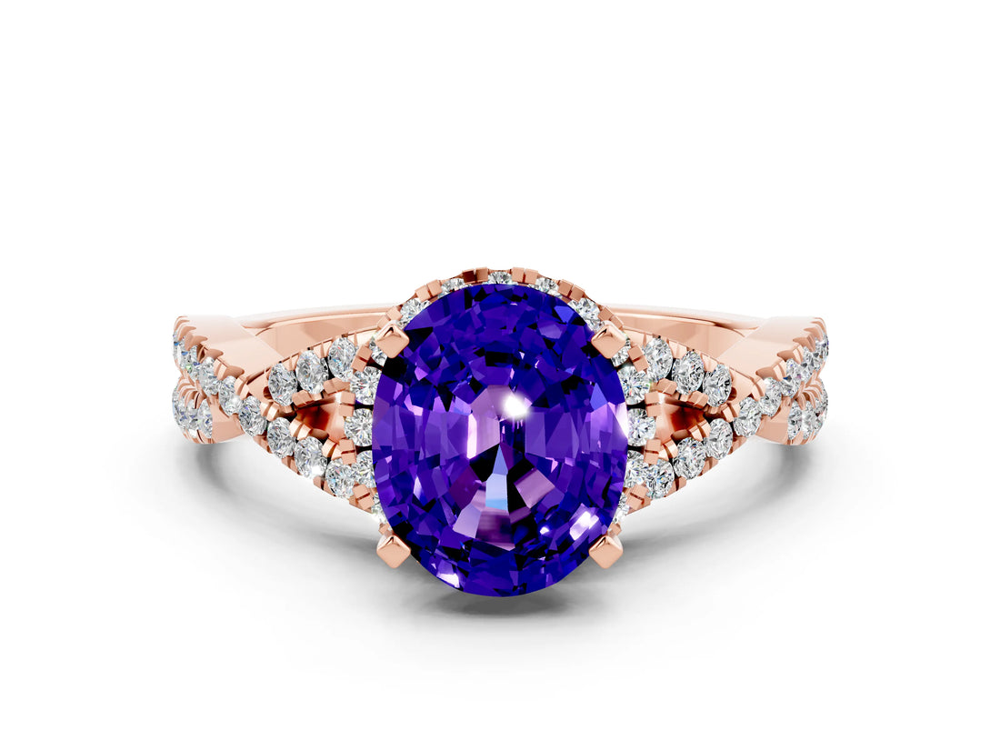Rose gold Oval Cut Tanzanite  Halo Twist Band Solitaire Prong Setting Ring_36