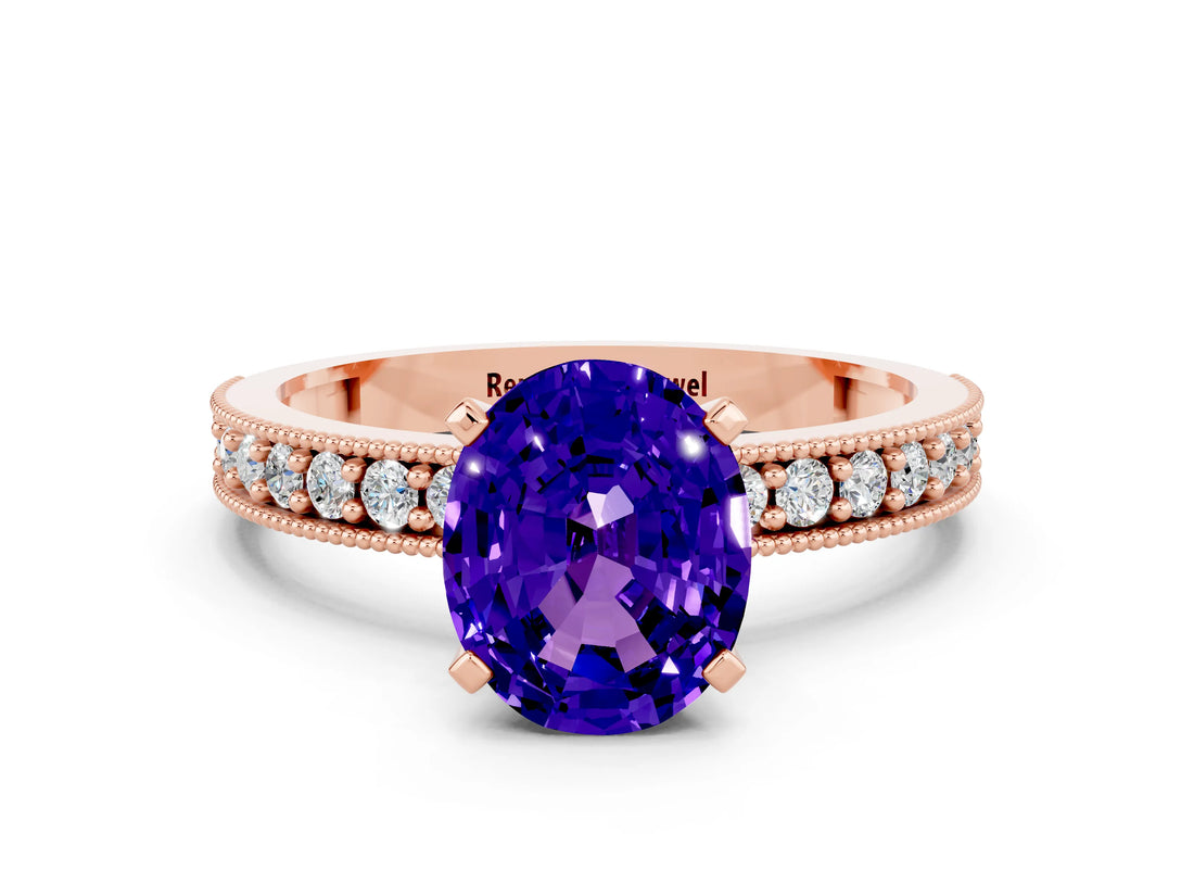 Rose gold Oval Cut Tanzanite Milgrain Pavé Engagement Ring with Four-Prong Setting_12