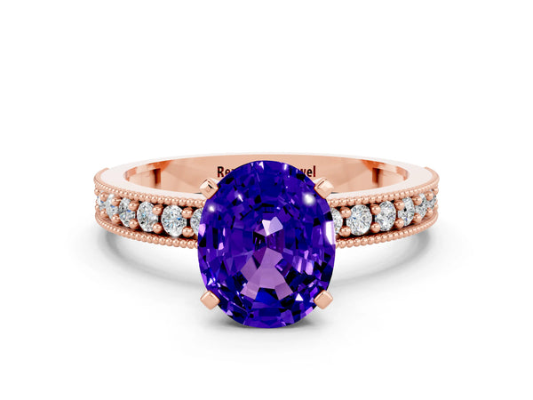 Rose gold Oval Cut Tanzanite Milgrain Pavé Engagement Ring with Four-Prong Setting