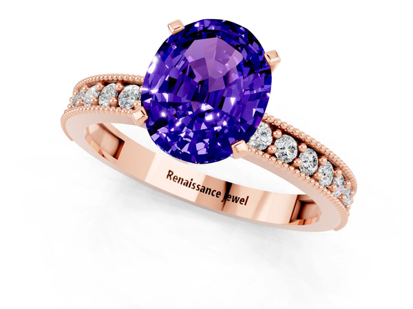 Rose gold Oval Cut Tanzanite Milgrain Pavé Engagement Ring with Four-Prong Setting