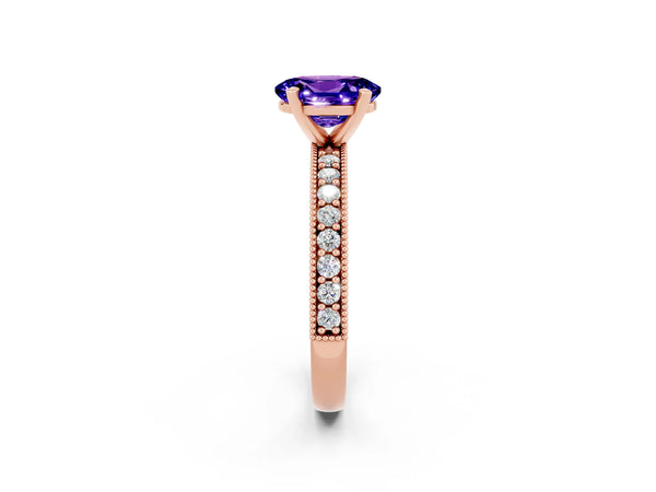 Rose gold Oval Cut Tanzanite Milgrain Pavé Engagement Ring with Four-Prong Setting