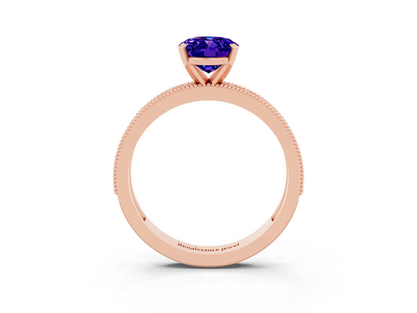 Rose gold Oval Cut Tanzanite Milgrain Pavé Engagement Ring with Four-Prong Setting