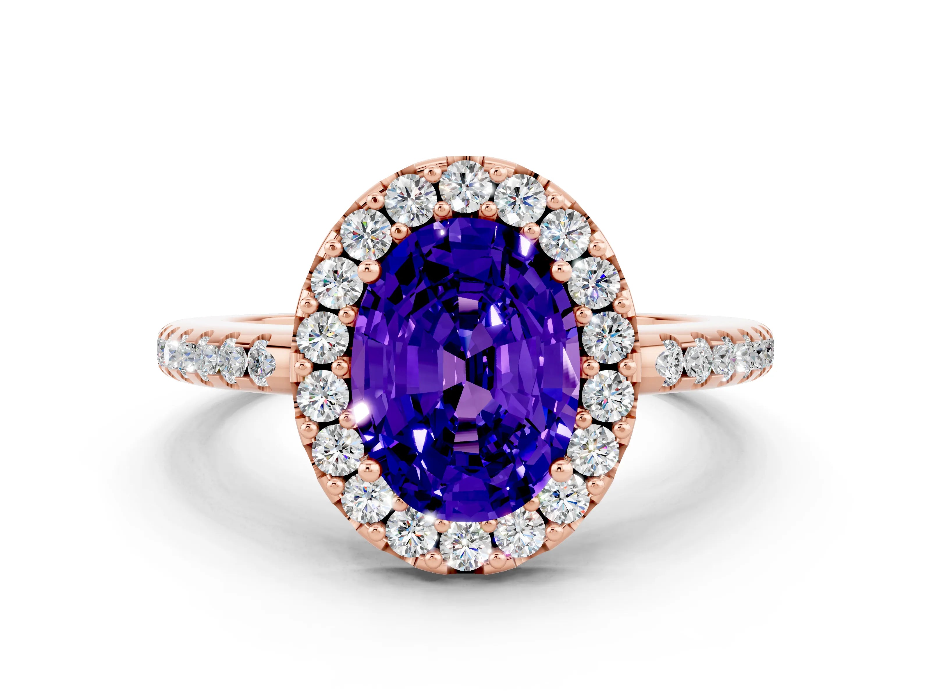 Rose gold Oval Cut Tanzanite Pavé Halo Ring with Four-Prong Setting_12