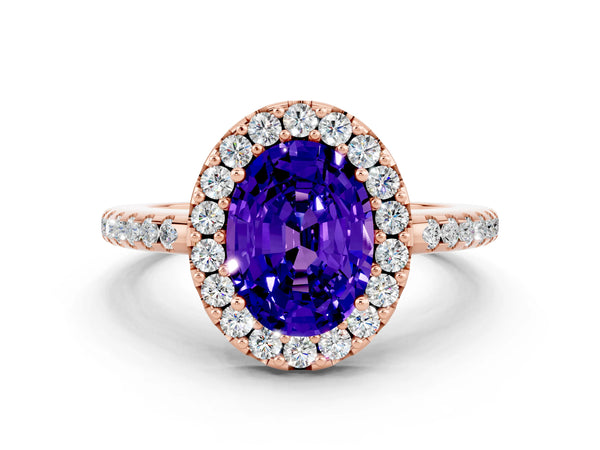 Rose gold Oval Cut Tanzanite Pavé Halo Ring with Four-Prong Setting