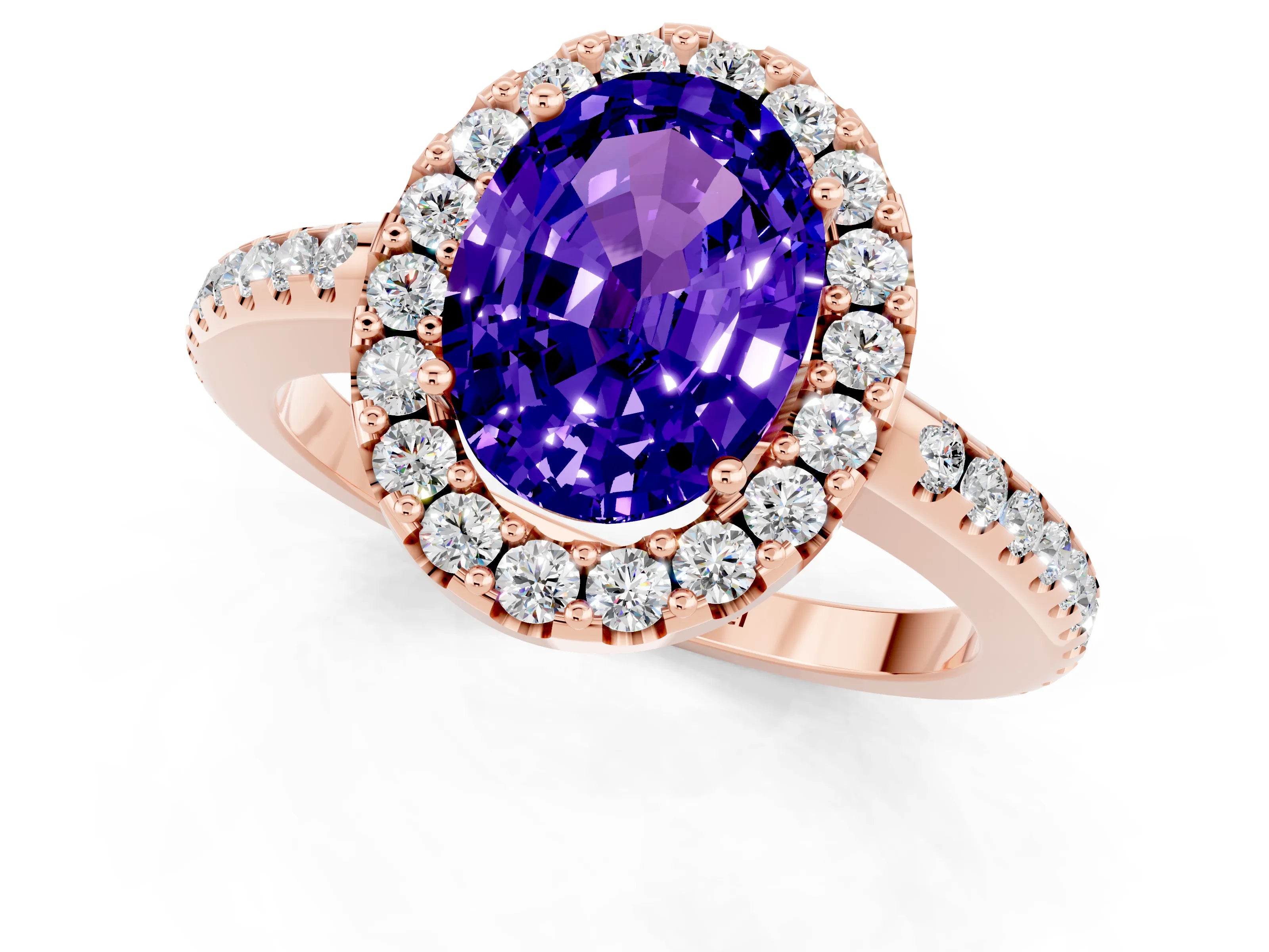 Rose gold Oval Cut Tanzanite Pavé Halo Ring with Four-Prong Setting_13
