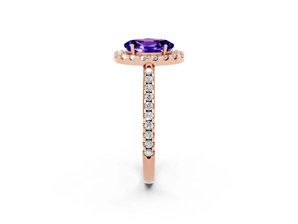 Rose gold Oval Cut Tanzanite Pavé Halo Ring with Four-Prong Setting