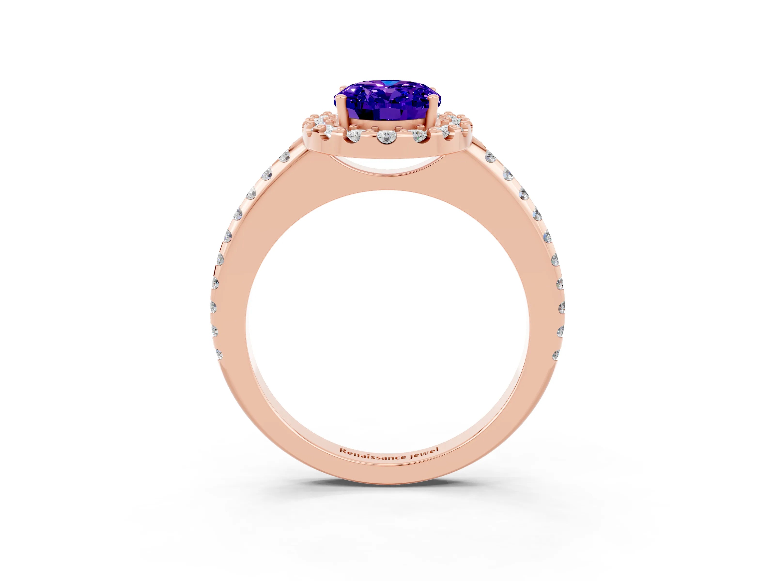 Rose gold Oval Cut Tanzanite Pavé Halo Ring with Four-Prong Setting_15
