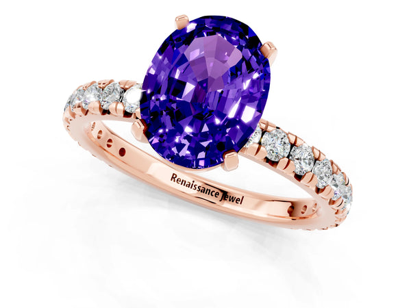 Rose gold Oval Cut Tanzanite Pavé Solitaire Ring with Round Band and Prong Setting