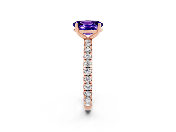 Rose gold Oval Cut Tanzanite Pavé Solitaire Ring with Round Band and Prong Setting