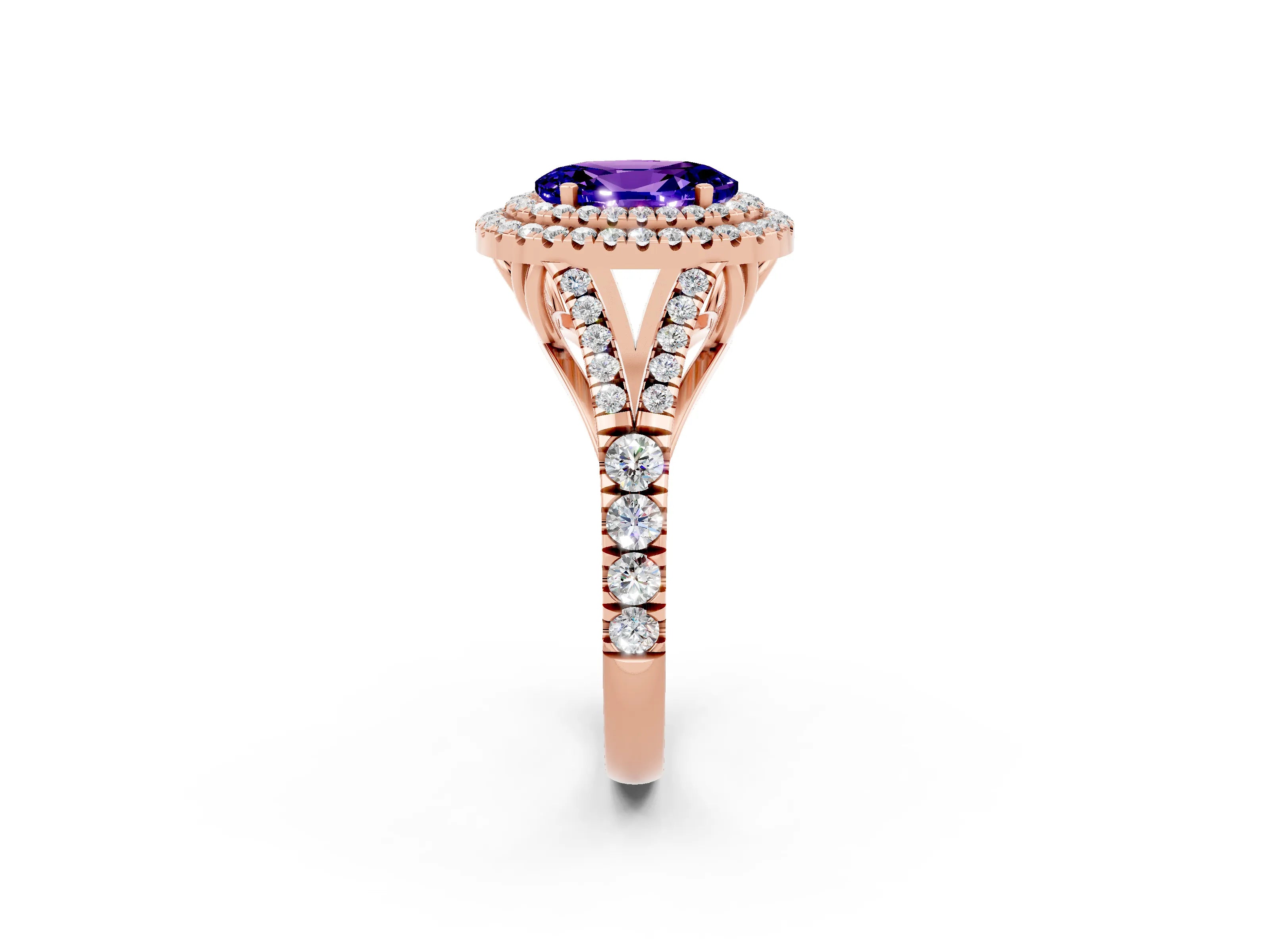Rose gold Oval Cut Tanzanite Pavé Split Shank Double Halo Engagement Ring_2