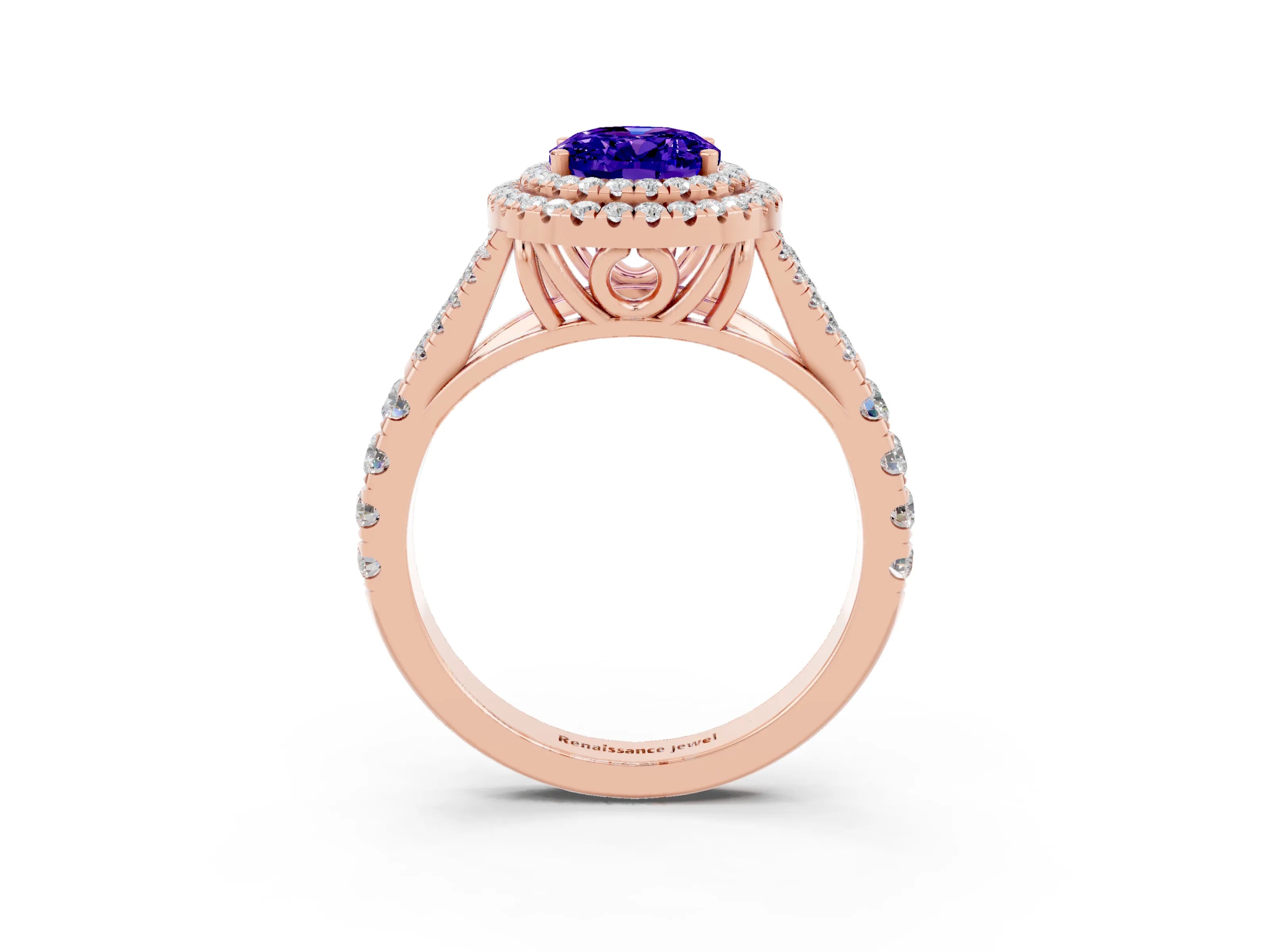 Rose gold Oval Cut Tanzanite Pavé Split Shank Double Halo Engagement Ring_3