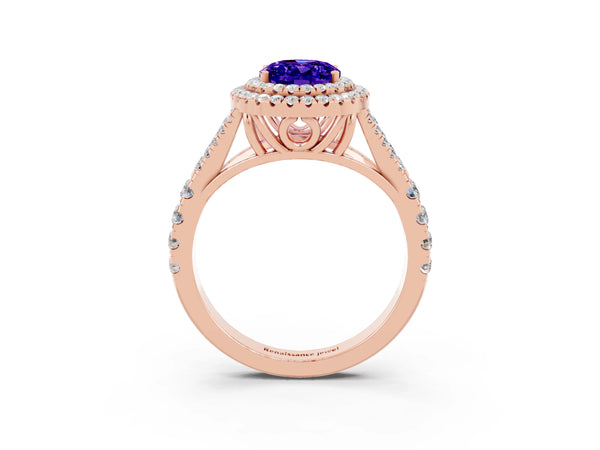 Rose gold Oval Cut Tanzanite Pavé Split Shank Double Halo Engagement Ring