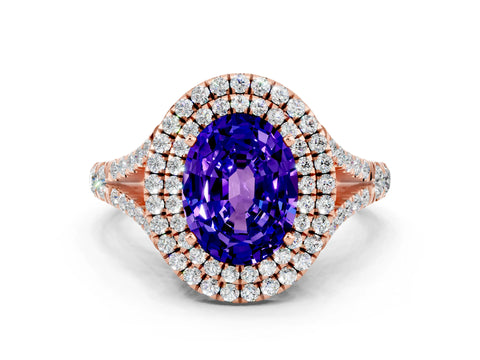 Rose gold Oval Cut Tanzanite Pavé Split Shank Double Halo Engagement Ring