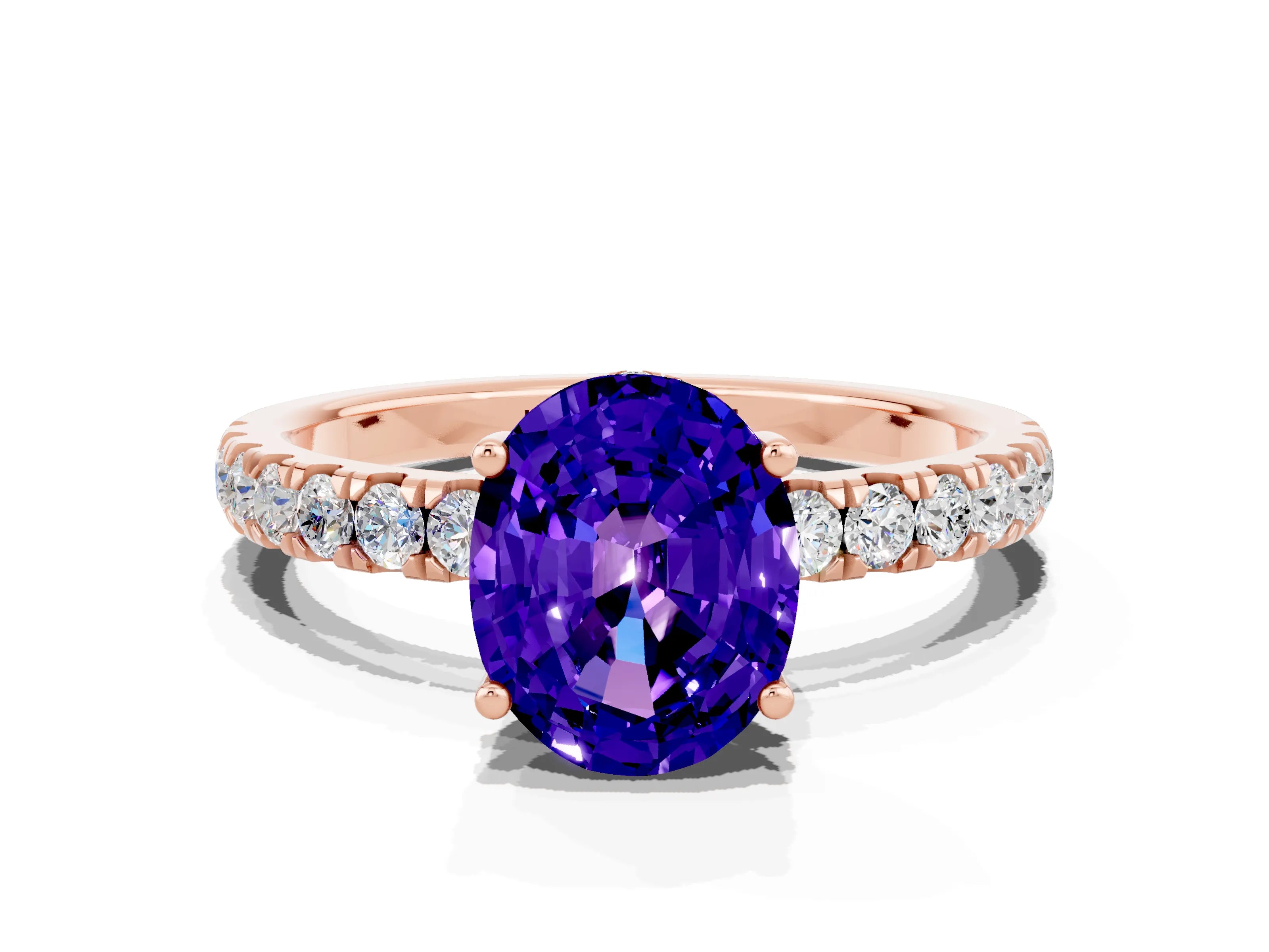 Rose gold Oval Cut Tanzanite Pave Band Solitaire Ring with Four-Prong Setting_24