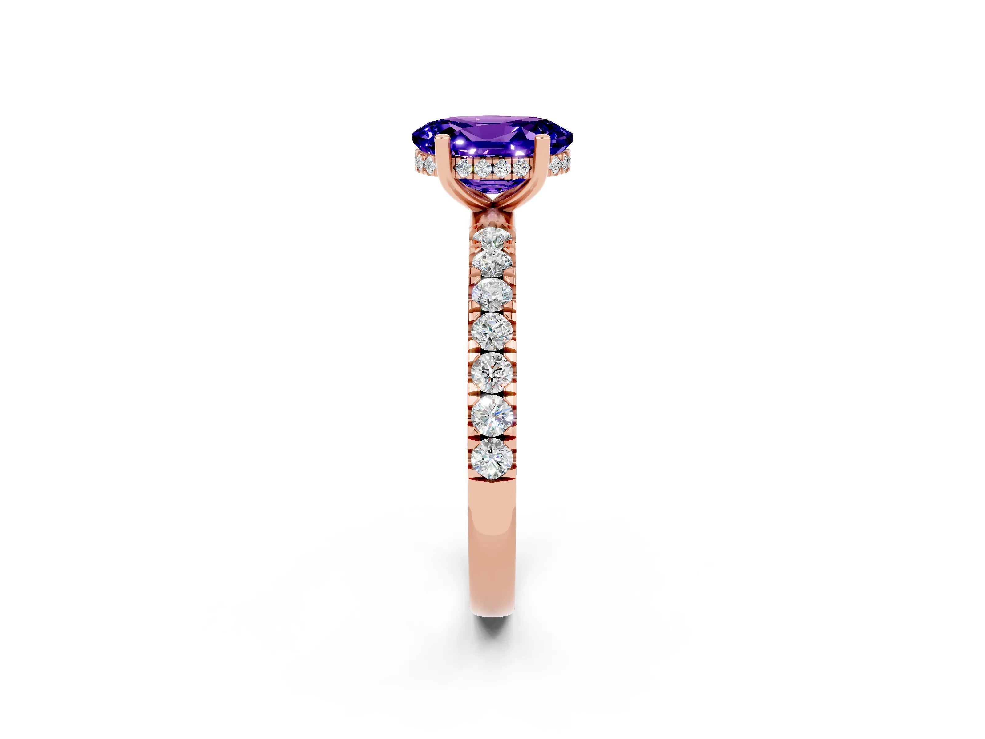 Rose gold Oval Cut Tanzanite Pave Band Solitaire Ring with Four-Prong Setting_26
