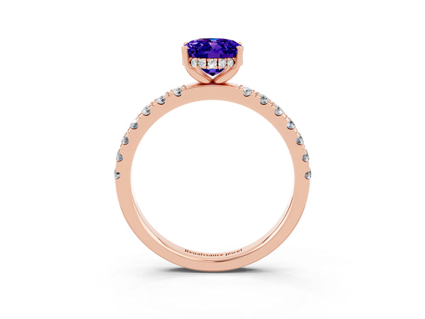 Rose gold Oval Cut Tanzanite Pave Band Solitaire Ring with Round  and Prong Setting
