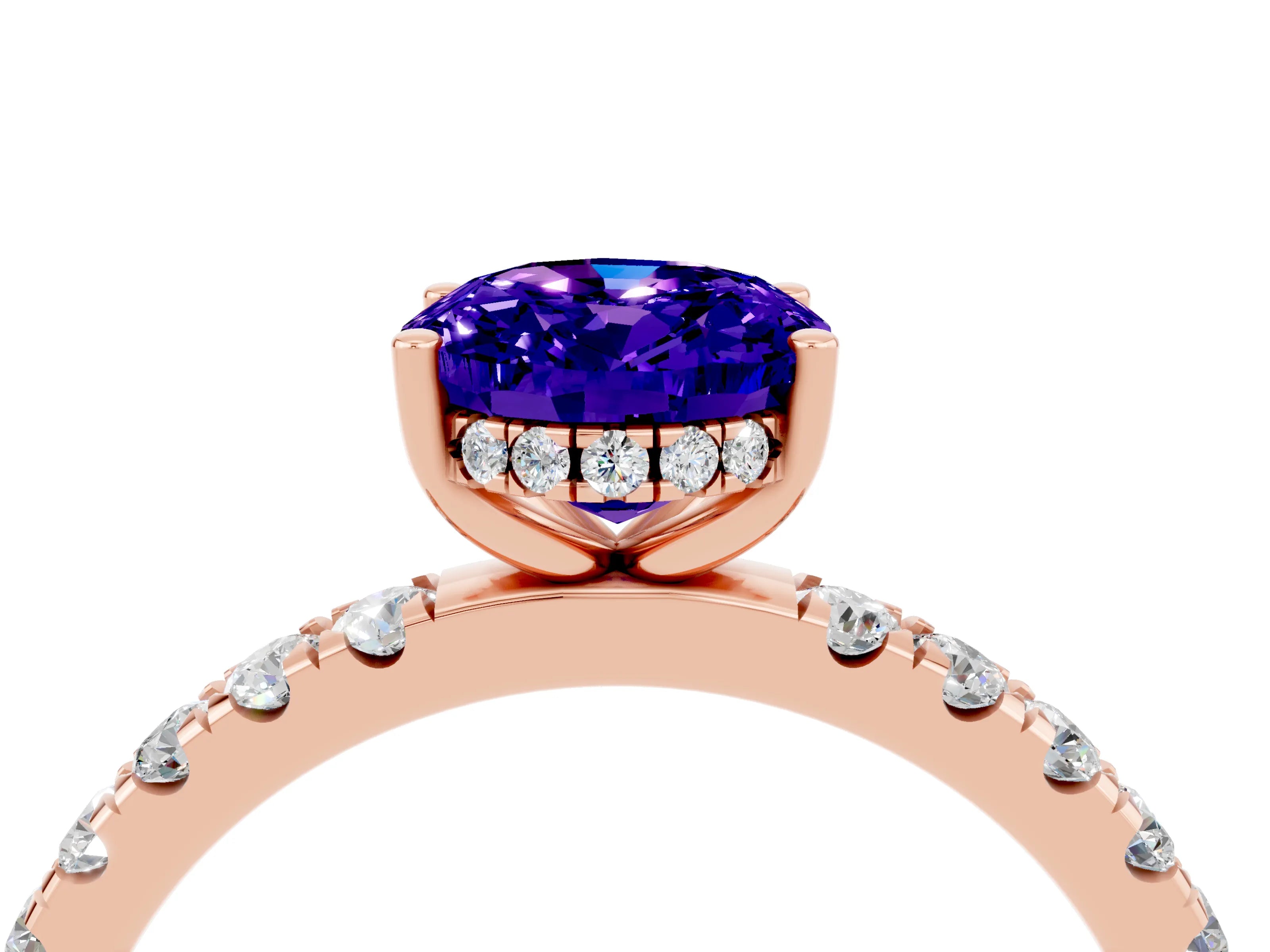 Rose gold Oval Cut Tanzanite Pave Band Solitaire Ring with Four-Prong Setting_28
