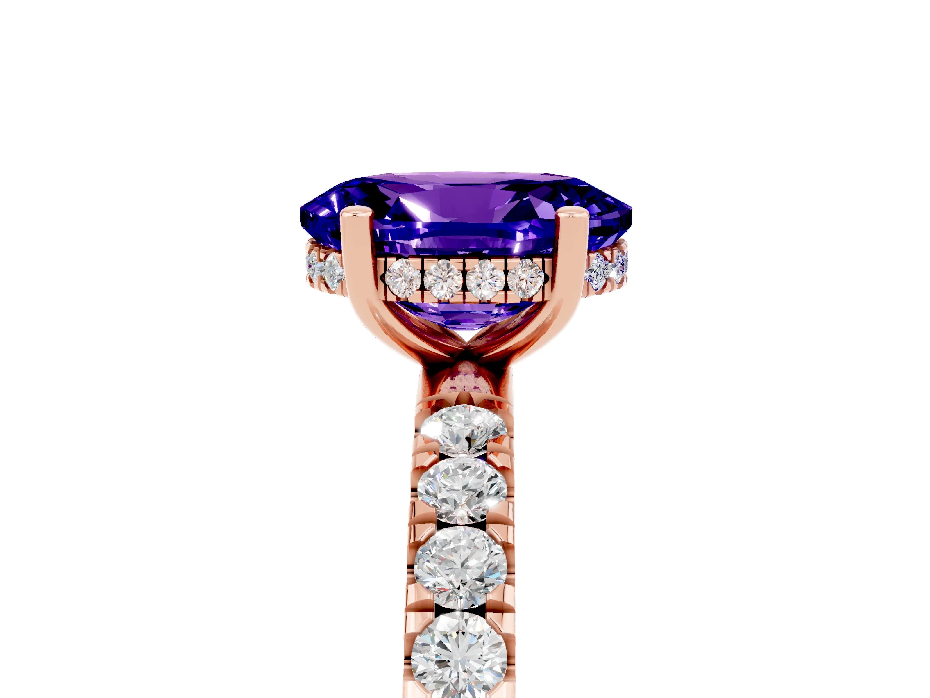 Rose gold Oval Cut Tanzanite Pave Band Solitaire Ring with Four-Prong Setting_29