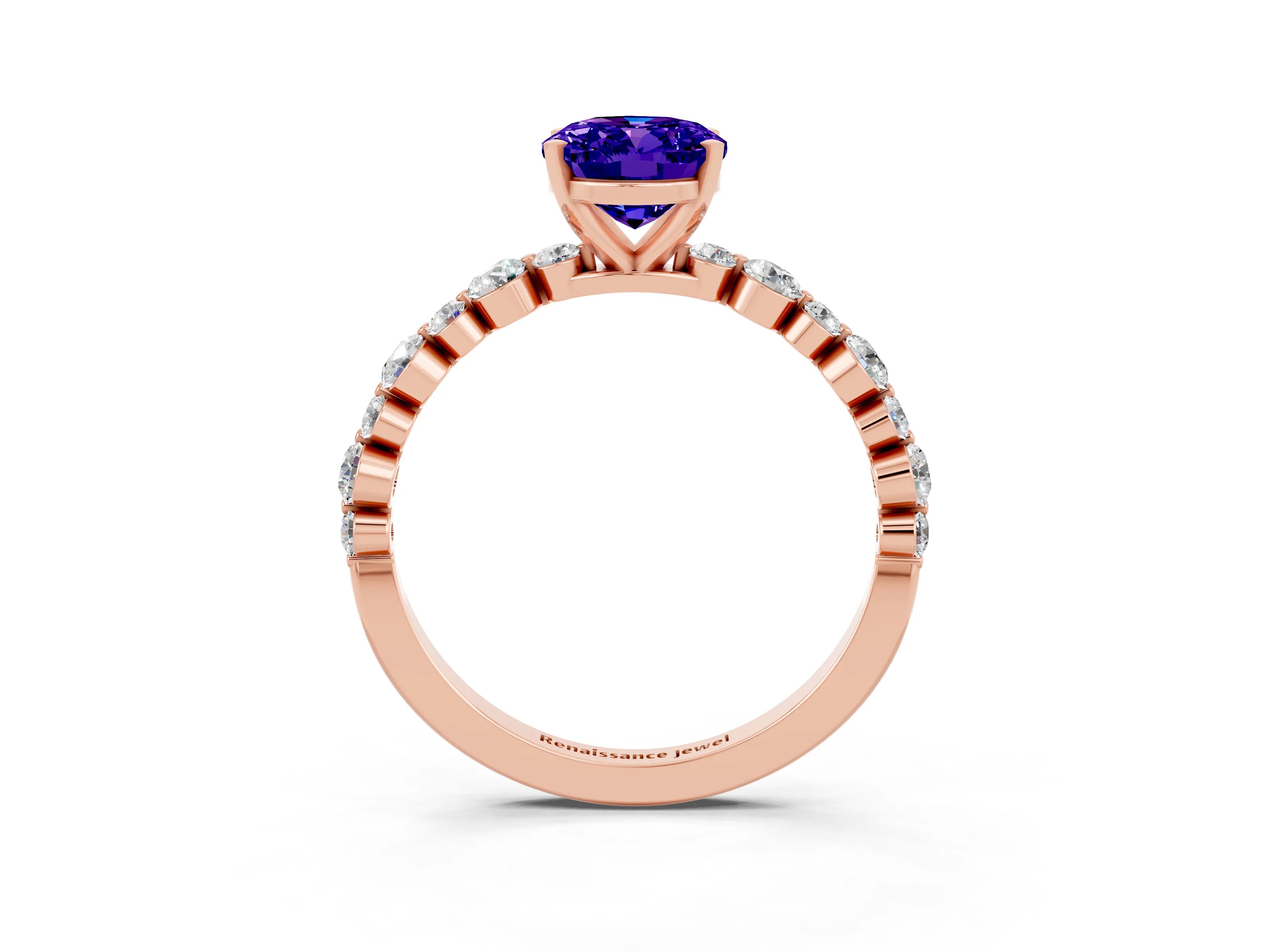 Rose gold Oval Cut Tanzanite Prong Set Engagement Ring with Pavé Band_3