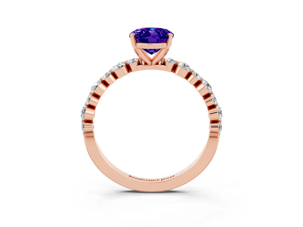 Rose gold Oval Cut Tanzanite Prong Set Engagement Ring with Pavé Band