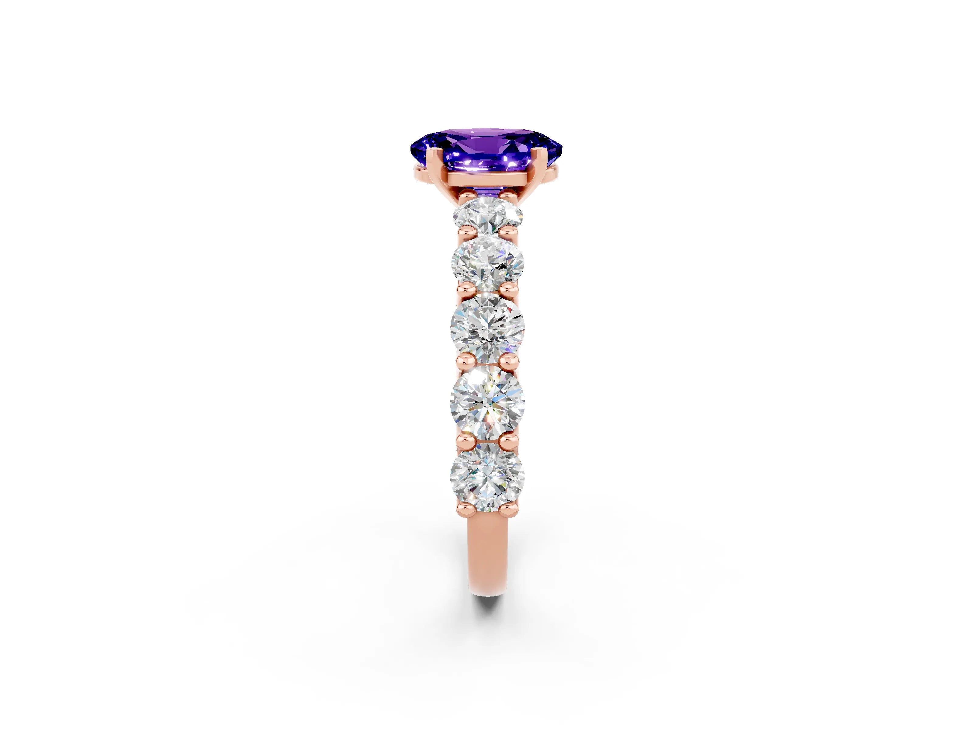 Rose gold Oval Cut Tanzanite Prong Setting with Side Stones on a Pave Band_2