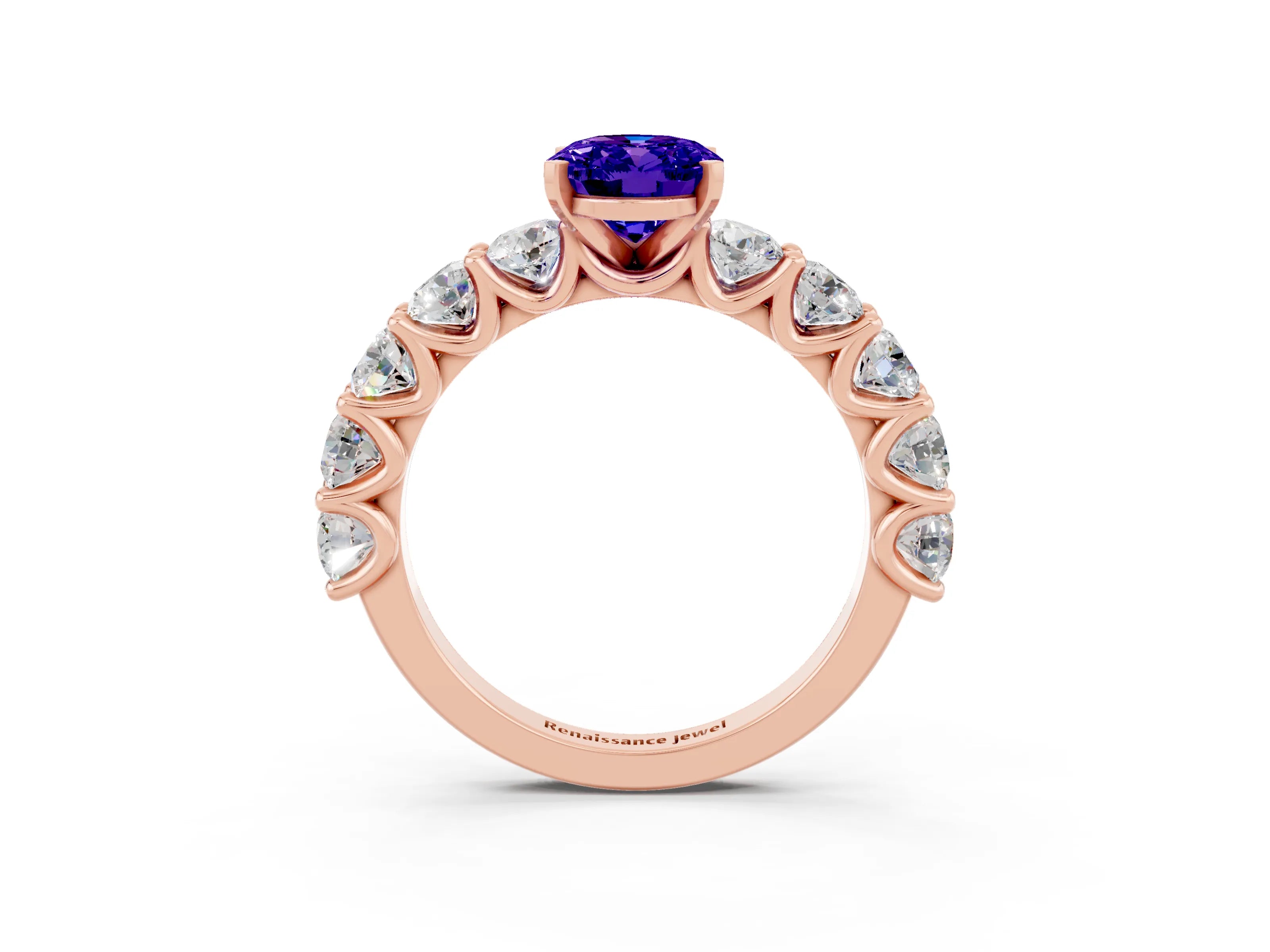 Rose gold Oval Cut Tanzanite Prong Setting with Side Stones on a Pave Band_3
