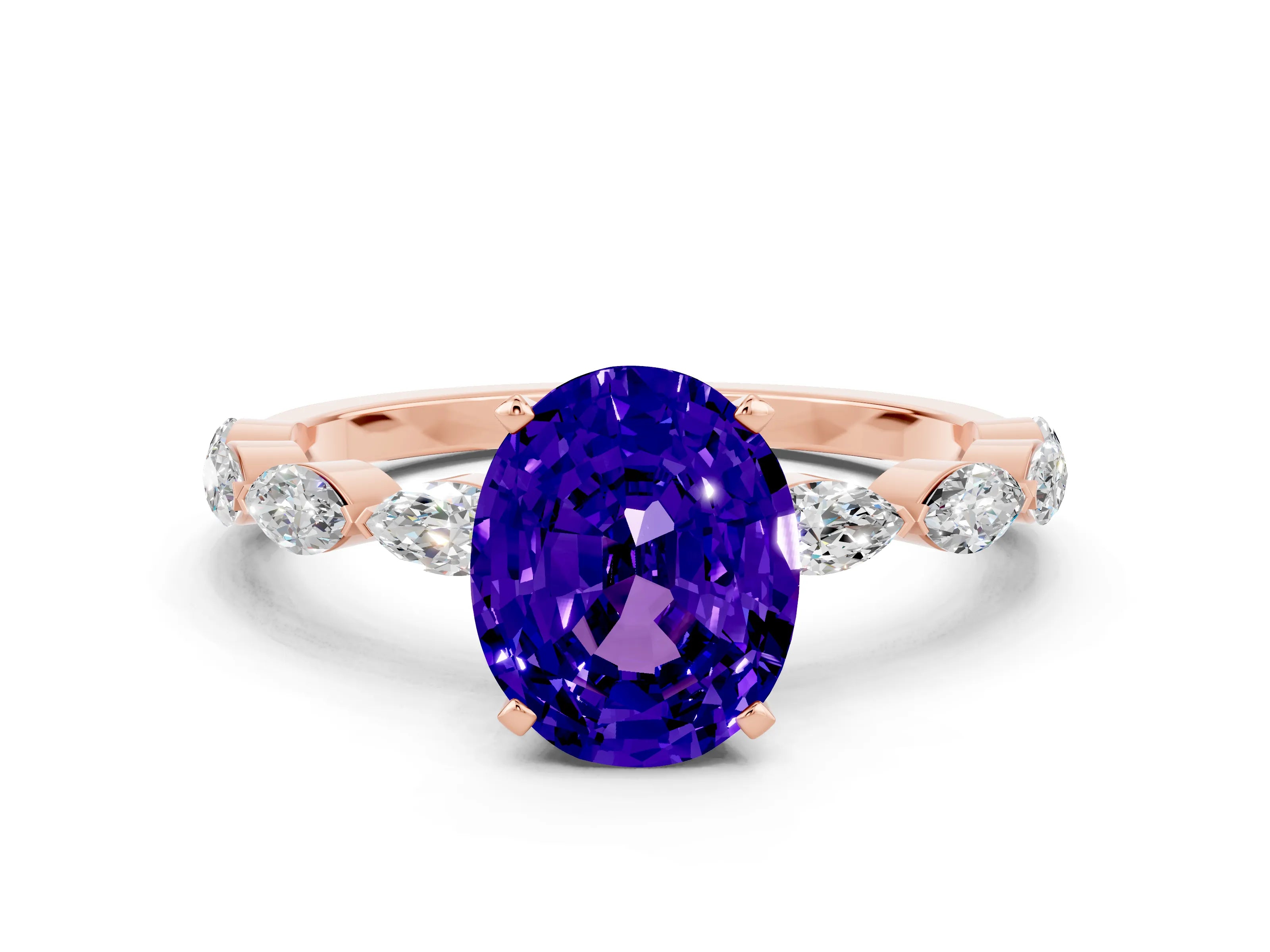 Rose gold Oval Cut Tanzanite Ring with Marquise Side Stones and Prong Setting