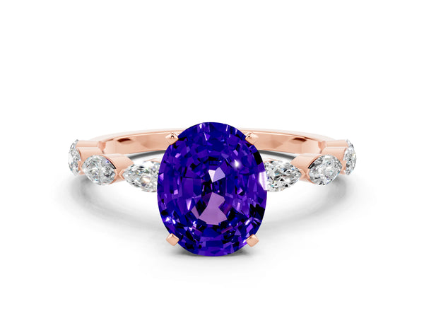 Rose gold Oval Cut Tanzanite Ring with Marquise Side Stones and Prong Setting