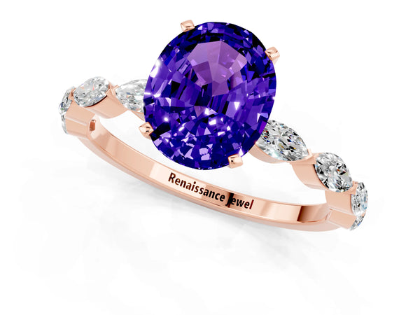 Rose gold Oval Cut Tanzanite Ring with Marquise Side Stones and Prong Setting
