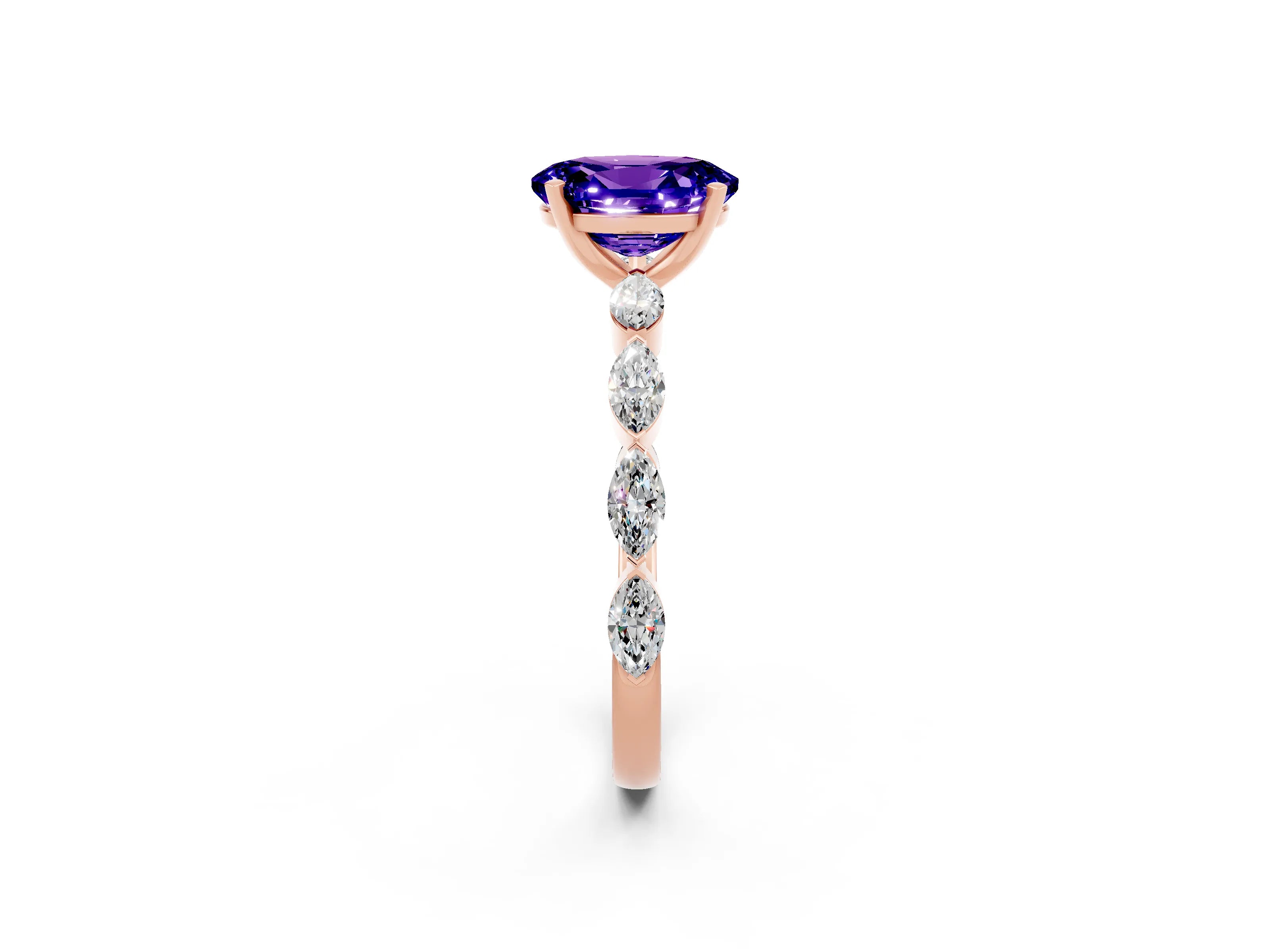 Rose gold Oval Cut Tanzanite Ring with Marquise Side Stones and Prong Setting_2
