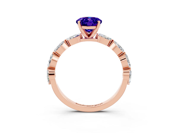 Rose gold Oval Cut Tanzanite Ring with Marquise Side Stones and Prong Setting