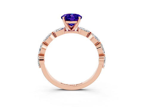Rose gold Oval Cut Tanzanite Ring with Marquise Side Stones and Prong Setting_3