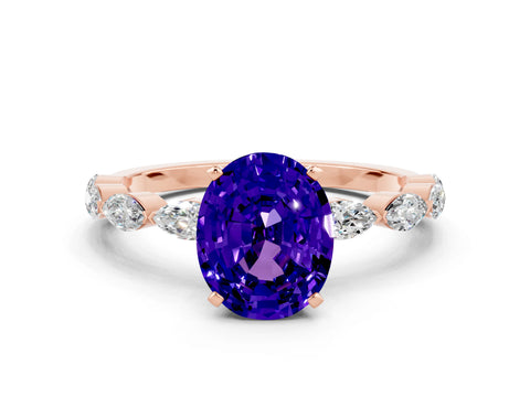 Rose gold Oval Cut Tanzanite Ring with Marquise Side Stones and Prong Setting
