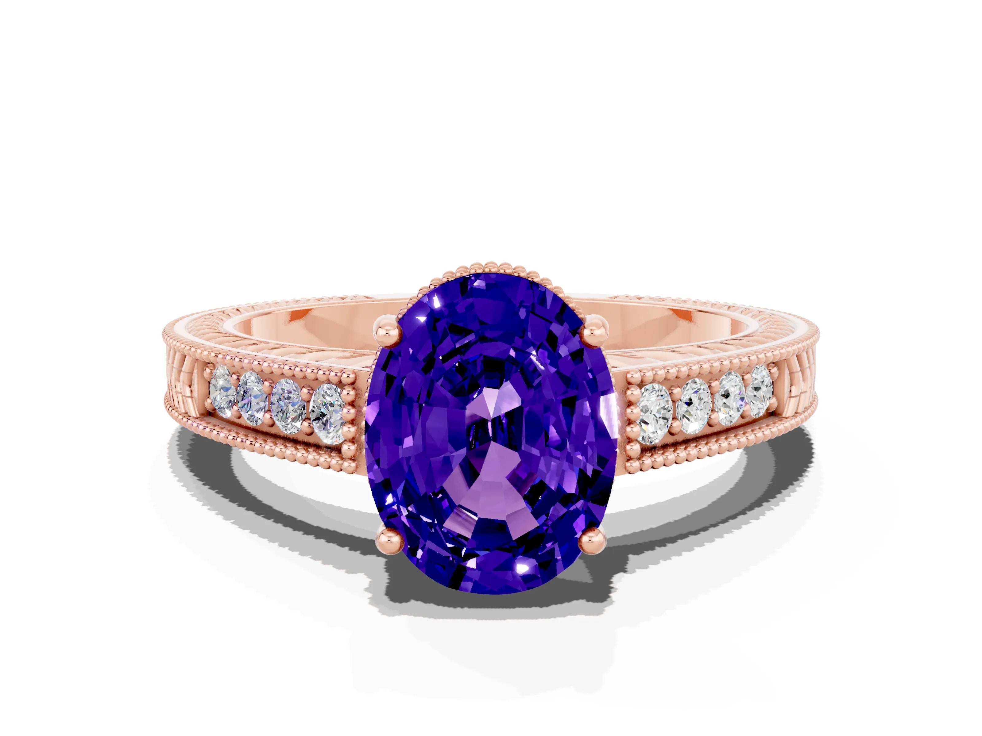 Rose gold Oval Cut Tanzanite Ring with Milgrain Pavé Band and Four-Prong Setting_12