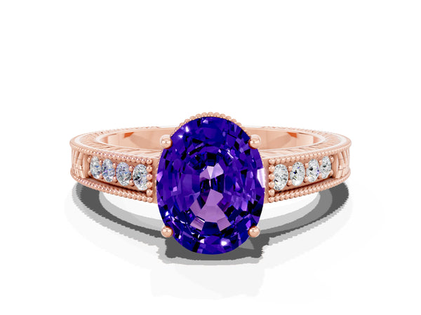 Rose gold Oval Cut Tanzanite Ring with Milgrain Pavé Band and Four-Prong Setting