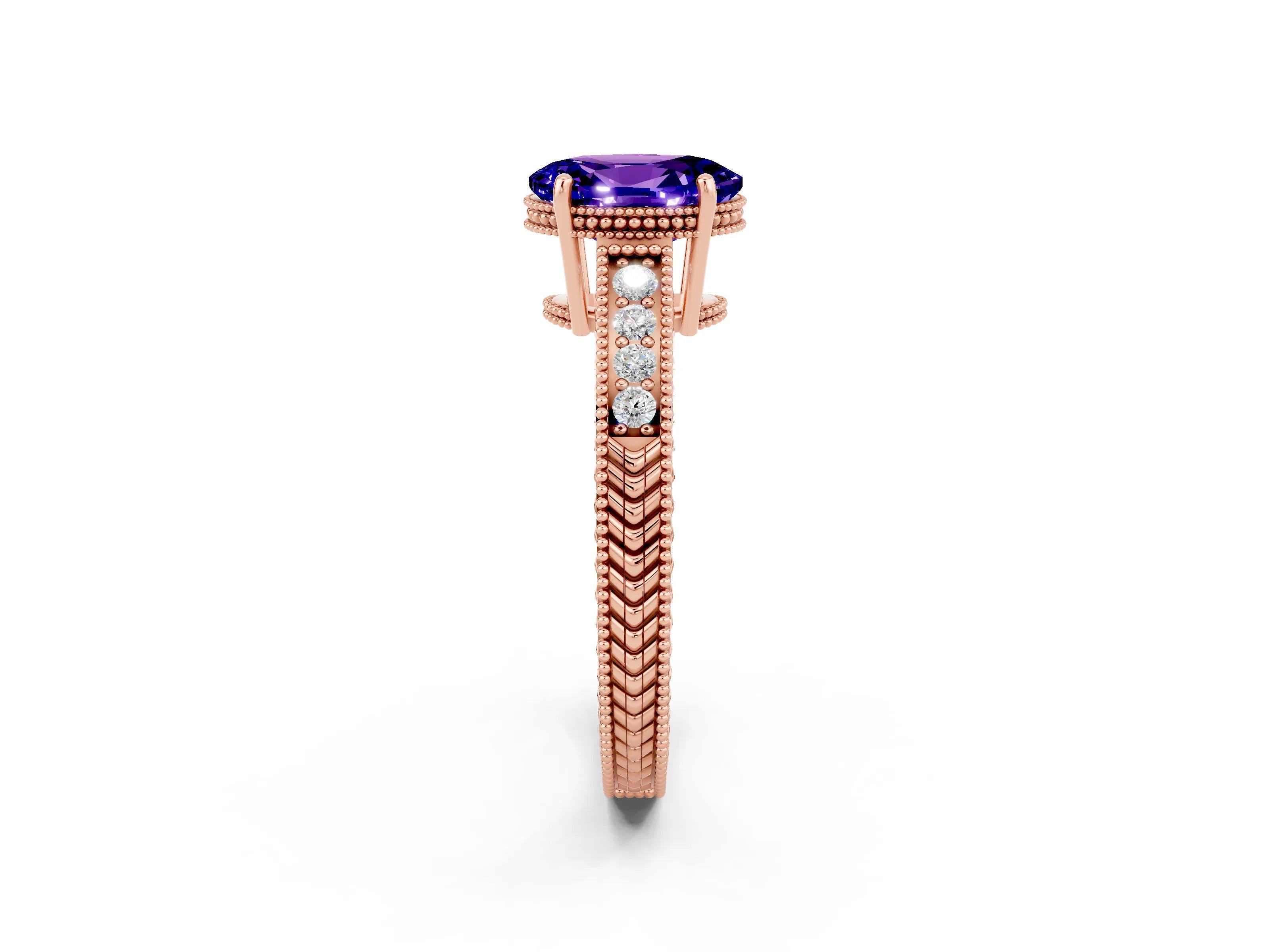 Rose gold Oval Cut Tanzanite Ring with Milgrain Pavé Band and Four-Prong Setting_14