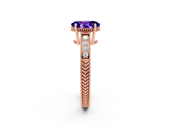 Rose gold Oval Cut Tanzanite Ring with Milgrain Pavé Band and Four-Prong Setting