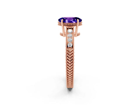 Rose gold Oval Cut Tanzanite Ring with Milgrain Pavé Band and Four-Prong Setting_14