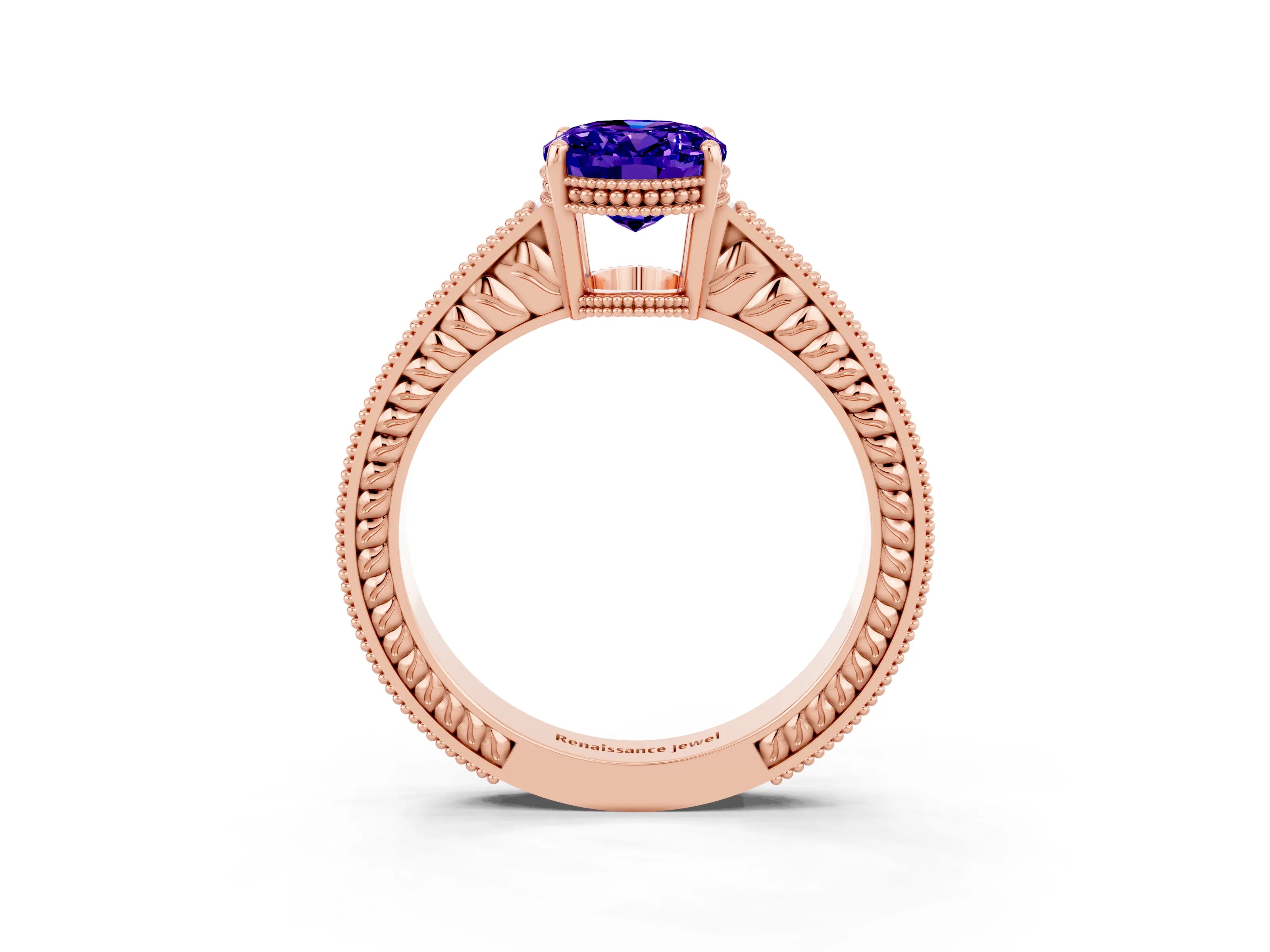Rose gold Oval Cut Tanzanite Ring with Milgrain Pavé Band and Four-Prong Setting_15