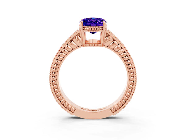 Rose gold Oval Cut Tanzanite Ring with Milgrain Pavé Band and Four-Prong Setting