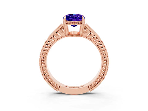 Rose gold Oval Cut Tanzanite Ring with Milgrain Pavé Band and Four-Prong Setting_15