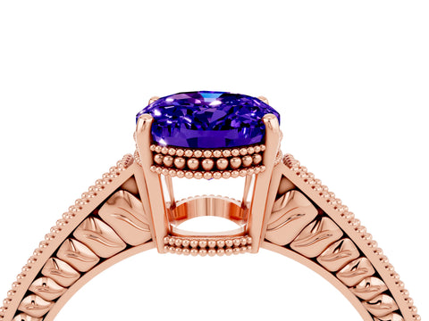 Rose gold Oval Cut Tanzanite Ring with Milgrain Pavé Band and Four-Prong Setting_16