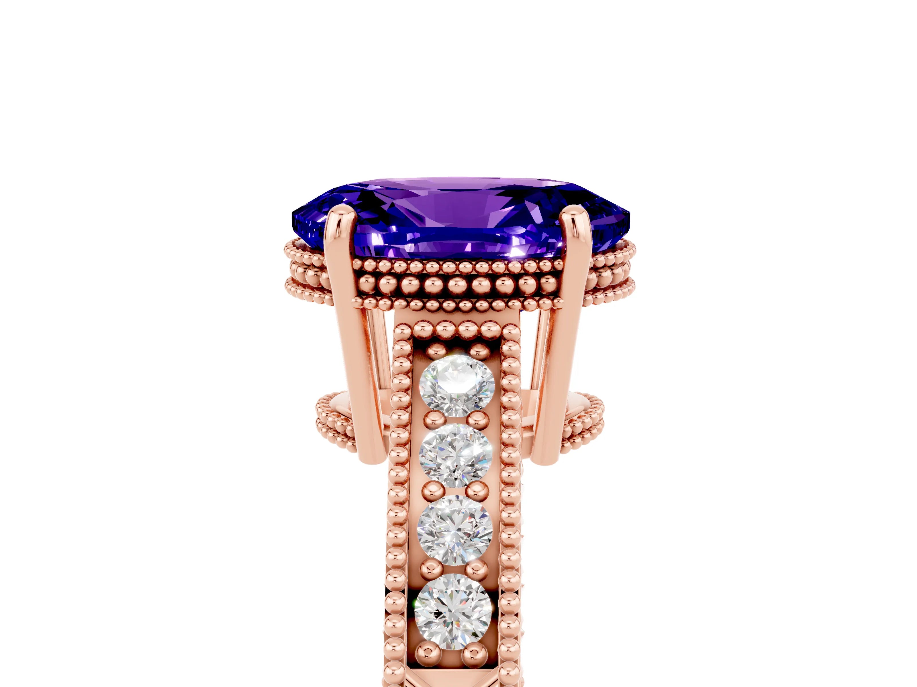 Rose gold Oval Cut Tanzanite Ring with Milgrain Pavé Band and Four-Prong Setting_17