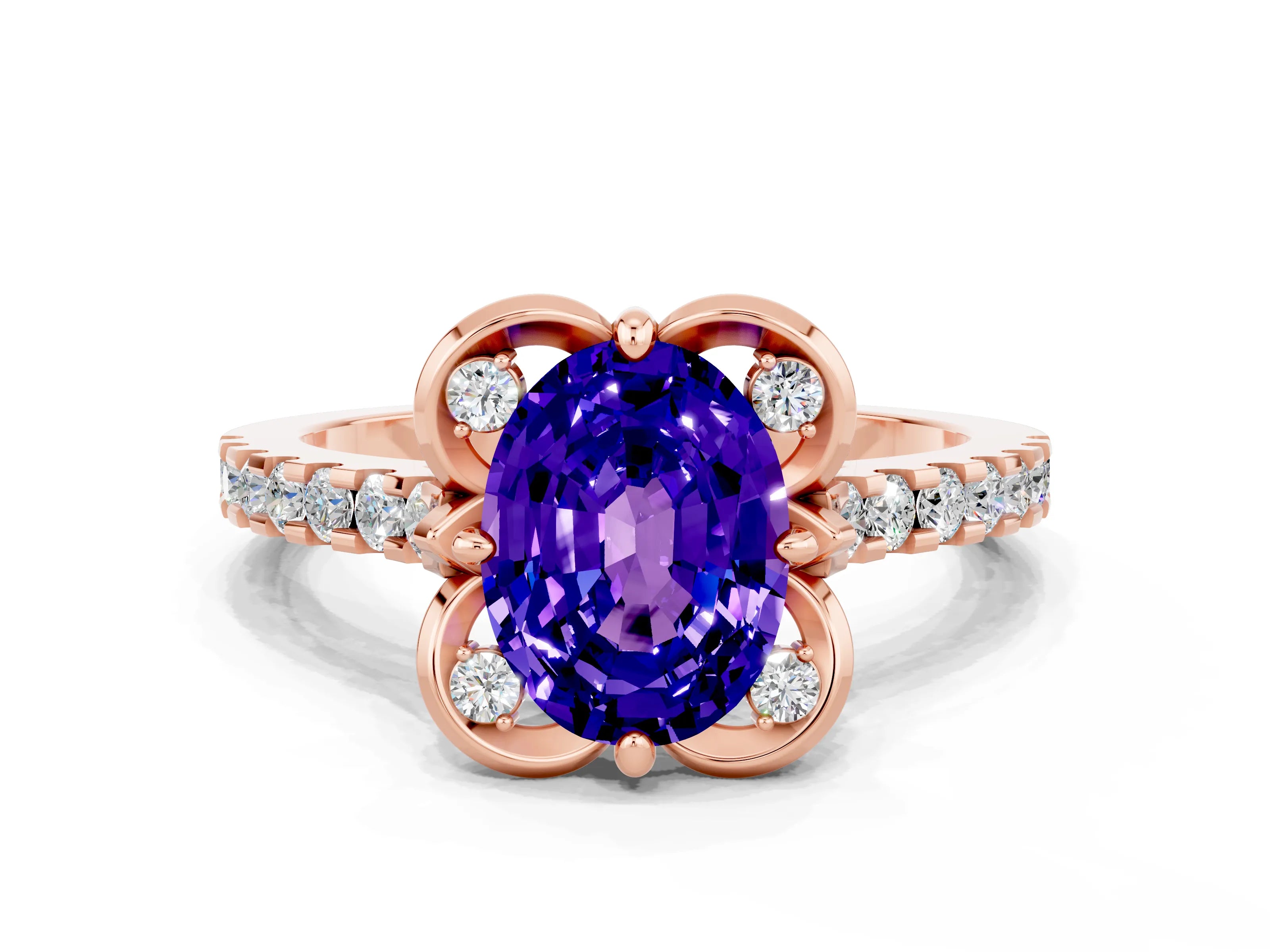 Rose gold Oval Cut Tanzanite Ring with Pavé Band and Floral Prong Setting