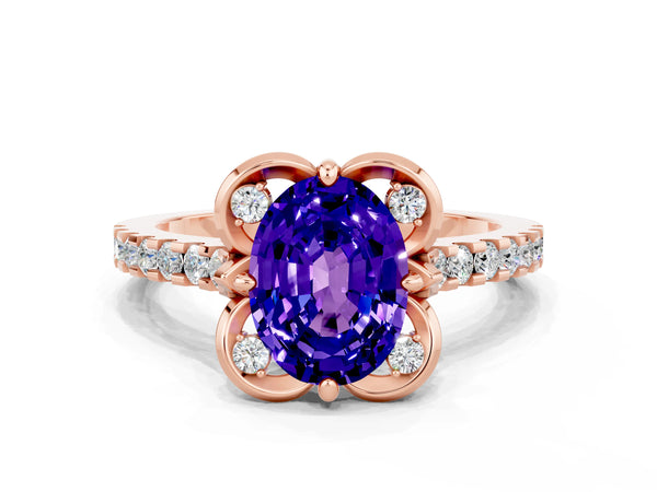 Rose gold Oval Cut Tanzanite Ring with Pavé Band and Floral Prong Setting