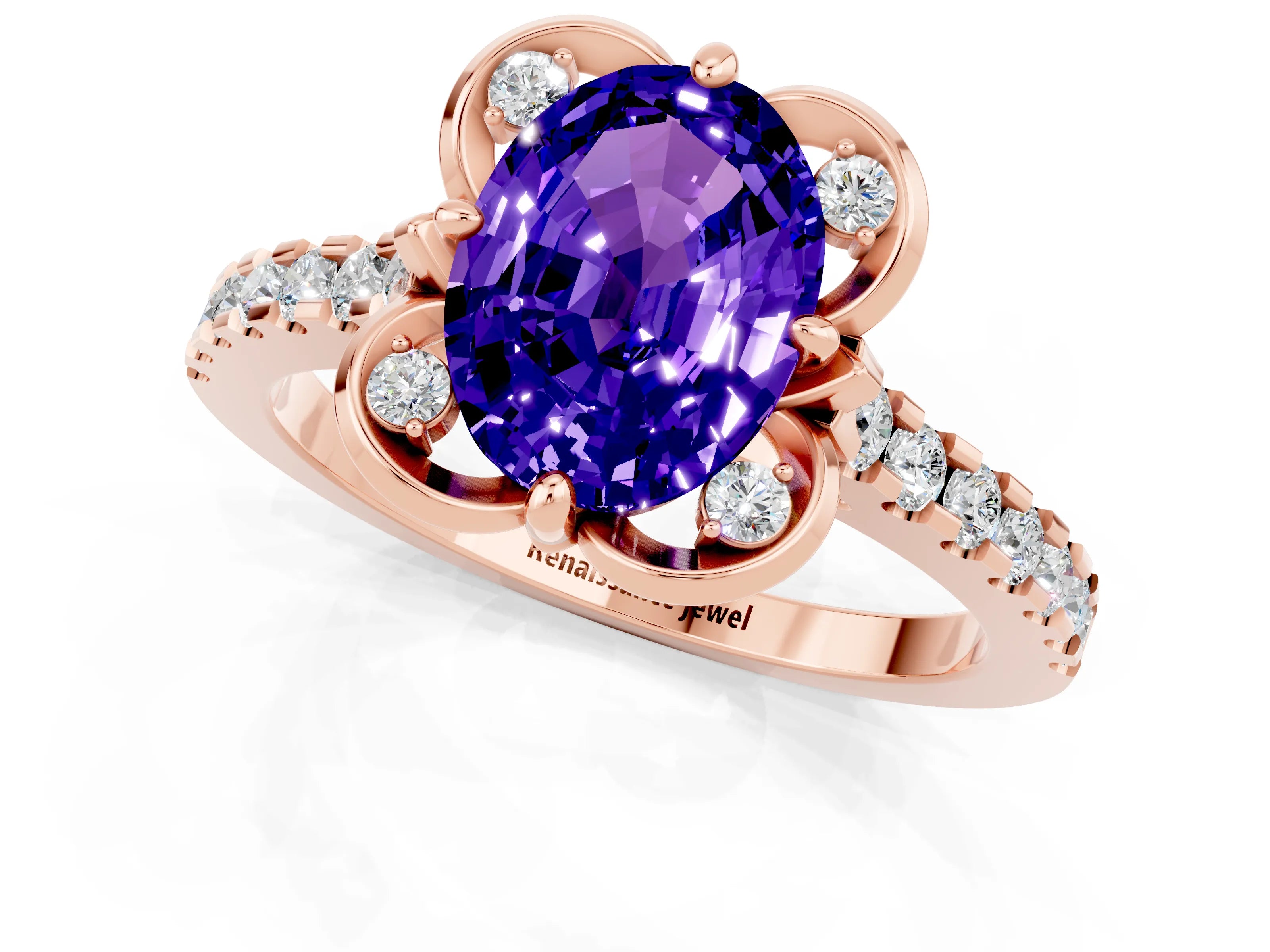 Rose gold Oval Cut Tanzanite Ring with Pavé Band and Floral Prong Setting_1
