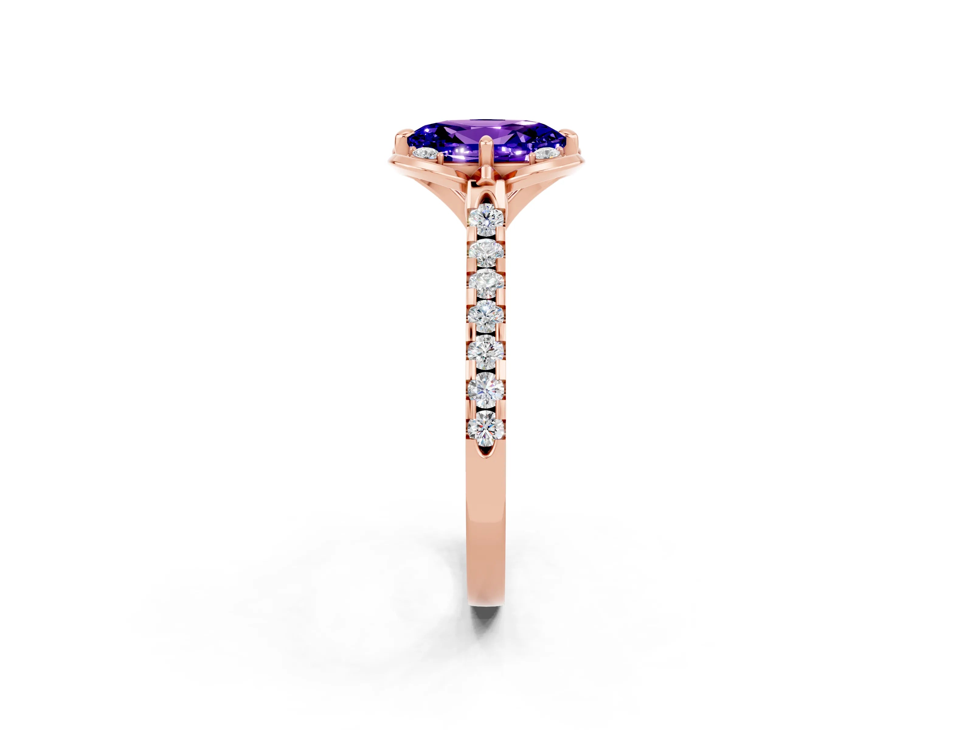 Rose gold Oval Cut Tanzanite Ring with Pavé Band and Floral Prong Setting_2